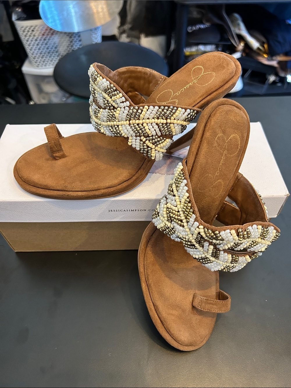 Jessica Simpson Brown Braided Beaded Toe-Loop Sandals